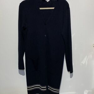 DKNY Women's Black White Wool Blend Button Front Longline Cardigan Size Large